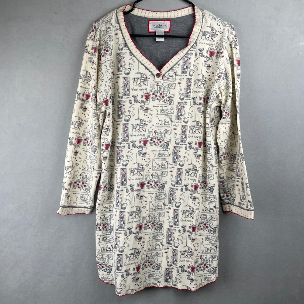 VTG Villager Liz Claiborne Cotton Graphic Sleep Shirt Rise And Shine Nightgown M